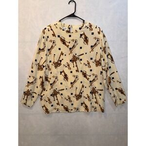 GILLIAN Blouse 100% Silk Key Print Long Sleeve Button Back Top Womens 14 Vintage